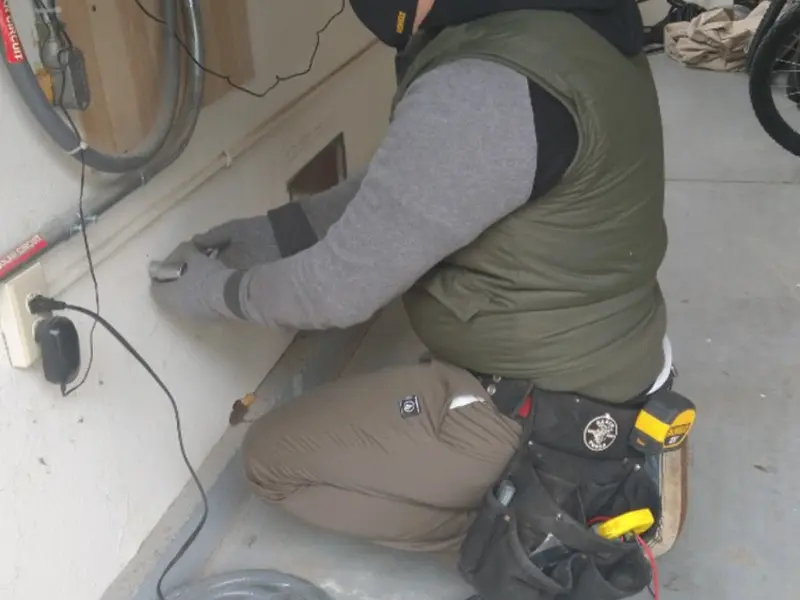 Electrician performing outlet wiring in a Bermuda Run garage